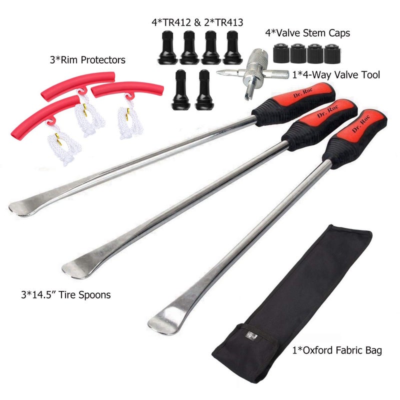 Dr.Roc 14.5 inch Perfect Leverage Tire Spoon Lever Iron Tool Kit Motorcycle Dirt Bike Lawn Mower Tire Changing Tool with Bag 3X Tire Spoons 3X Rim Protectors 1x Tire Valve Stems Set TR412 TR413 - Image 2